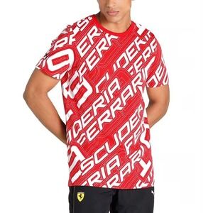 Ferrari Scuderia Puma All Over Print T-Shirt Men M Red White Ivy League Driving